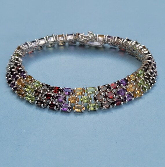 Multi Gemstone Triple Row Rainbow 925 Sterling Sil