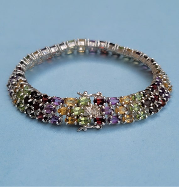 Multi Gemstone Triple Row Rainbow 925 Sterling Si… - image 2