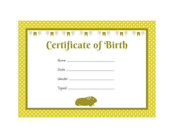 Certificat de naissance de cochon d'Inde | PDF imprimable | Téléchargement A4 | Modèle d'impression instantanée à la maison | Pois jaunes