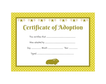 Guinea Pig Adoption Certificate  | Printable PDF | A4 Download | Instant Print at Home Template | Yellow Polka Dots