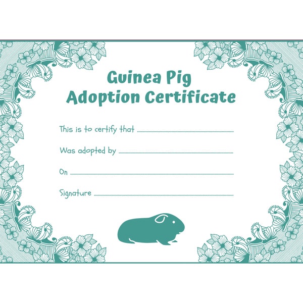 Guinea Pig Adoption Certificate (Blue) - Instantly Printable Download