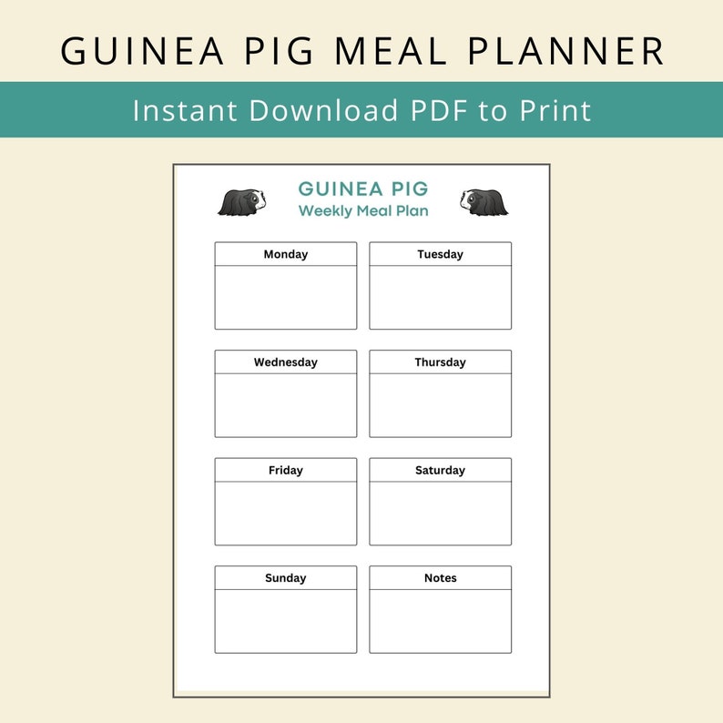 Guinea Pig Weekly Meal Planner Organiser Sheet Digital Printable PDF by Guinea Piggles image 2