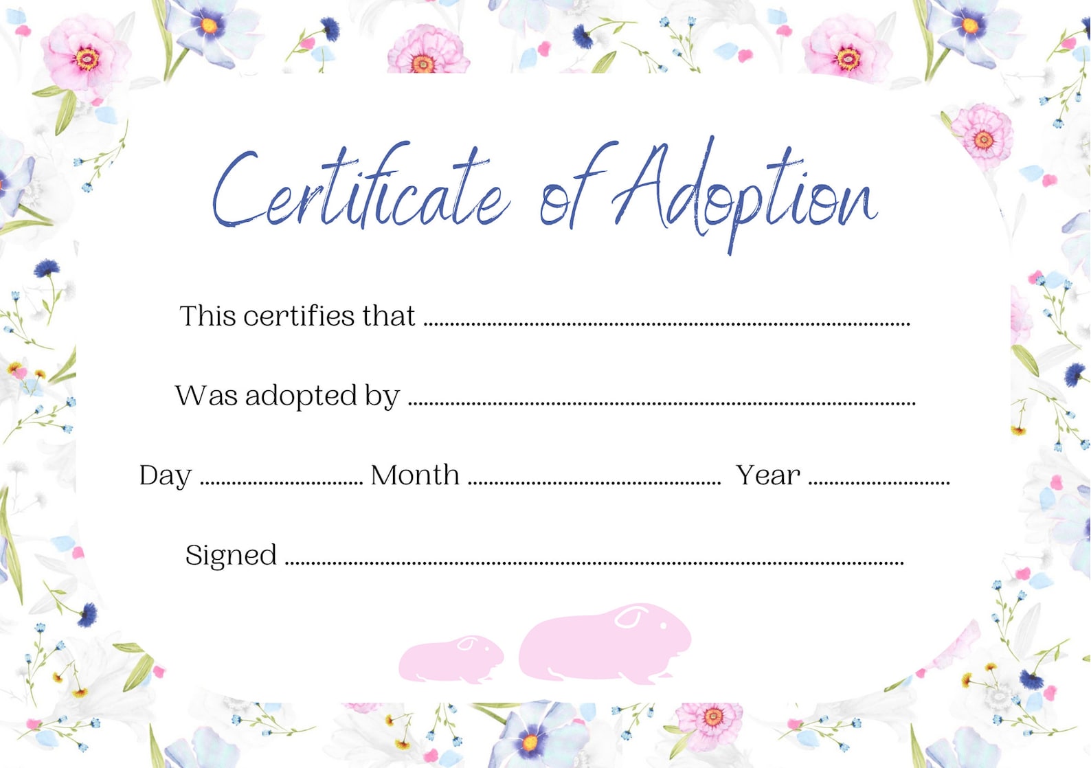 Guinea Pig Adoption Certificate Printable PDF A4 Download | Etsy