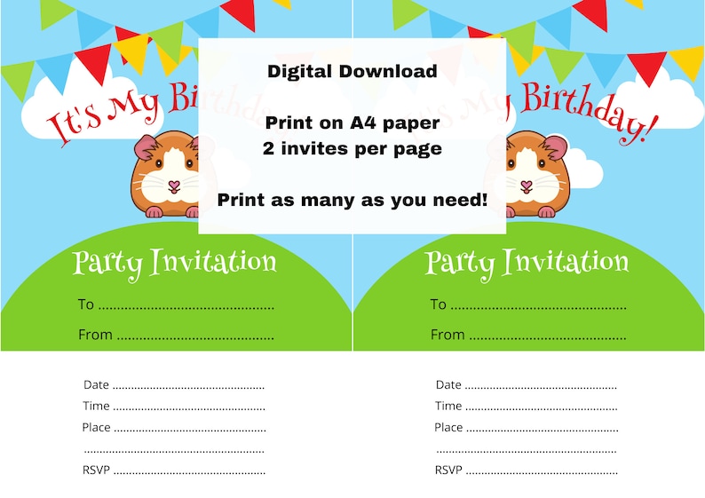 Guinea Pig Themed Birthday Party Invitation Template | Digital Download ...