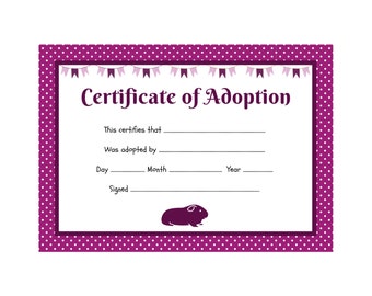 Guinea Pig Adoption Certificate  | Printable PDF | A4 Download | Instant Print at Home Template | Purple Polka Dots