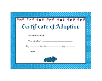 Certificaat van adoptie van een cavia | Afdrukbare PDF | A4 downloaden | Direct thuis afdrukken sjabloon | Blauw