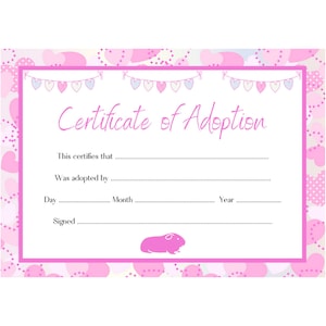 Certificaat van adoptie van een cavia | Afdrukbare PDF | A4 downloaden | Direct thuis afdrukken sjabloon | Roze