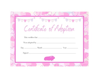 Guinea Pig Adoption Certificate  | Printable PDF | A4 Download | Instant Print at Home Template | Pink
