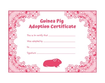 Certificat d’adoption de cochon d’Inde (rose) - Téléchargement instantanément imprimable