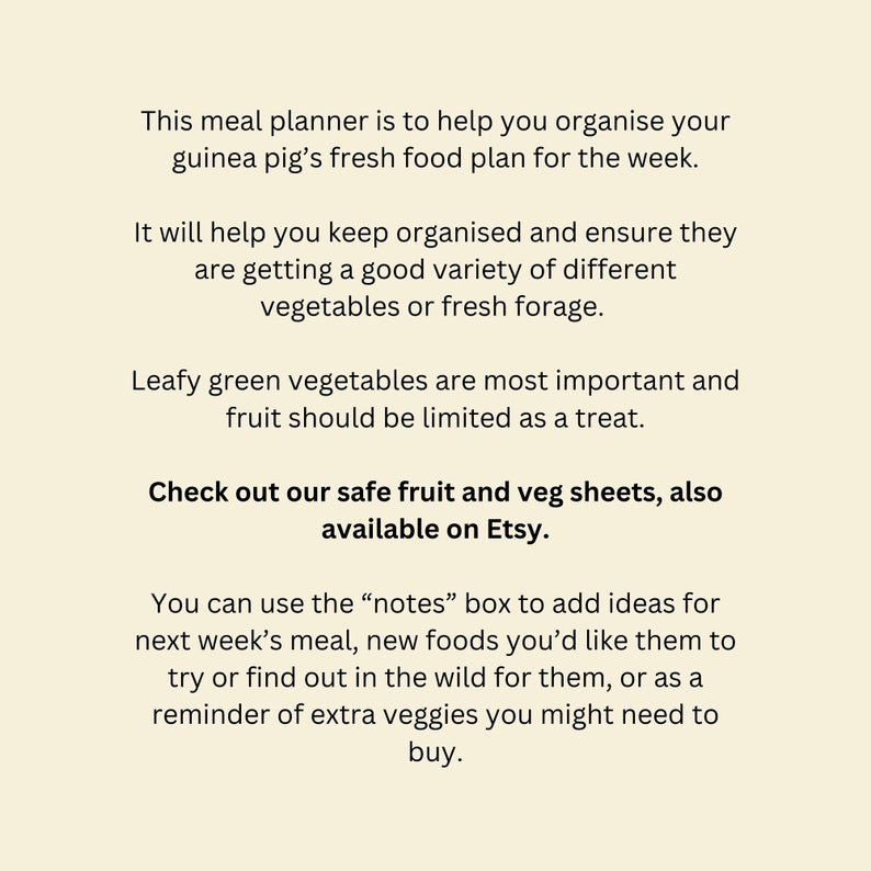Guinea Pig Weekly Meal Planner Organiser Sheet Digital Printable PDF by Guinea Piggles image 3