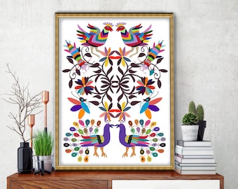 Estampado otomí mexicano, arte mural abstracto de aves y flores (descarga digital)
