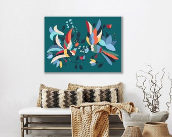 Kleurrijke Otomi-vogelskunstprint, Mexicaanse bloemenmuurdecoratie (digitale download)