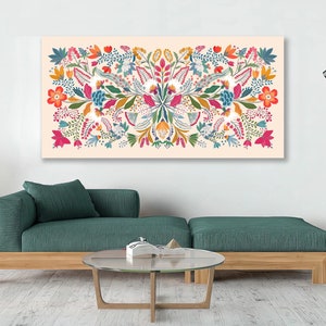 Downloadable Digital Print, Mexican art, Frida's garden, Wide print, Colorful decorative Mexican Otomi, Floral motifs, Mexican wall art