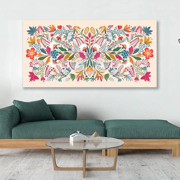 Downloadable Digital Print, Mexican art, Frida's garden, Wide print, Colorful decorative Mexican Otomi, Floral motifs, Mexican wall art