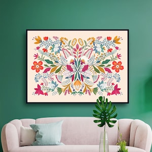 Otomi Mexican art, Frida's garden, Floral colorful, Colorful decorative Mexican Otomi, Floral motifs, Mexican wall art