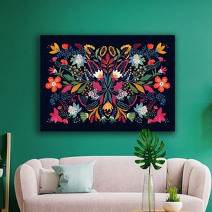 Downloadable Digital Print, Mexican art, Frida&#39;s garden, Floral colorful, Colorful decorative Mexican Otomi, Floral motifs, Mexican wall art