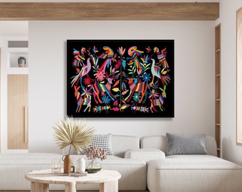Impresión digital descargable, Arte mexicano, Colorido decorativo mexicano Otomí Floral Animal Pájaro Motivos, Arte de pared mexicano, extra grande