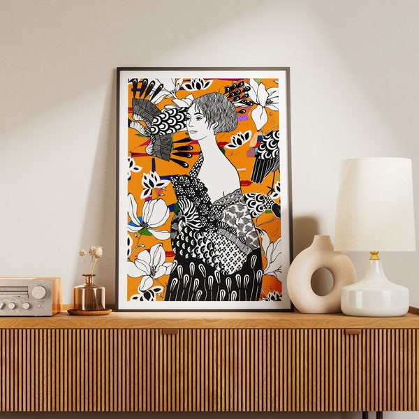 Downloadable Digital Print, Lady with a Fan, Gustav Klimt, Woman floral portrait; modern room decor, floral illustration, Dame mit Fächer