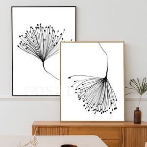 Two piece Downloadable Digital Print, Dandelion seeds, Wall art. Black And White Dandelion seeds drawing, Large Print, monochromatic print