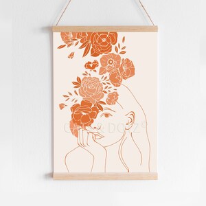 Downloadable Digital Print, Floral Print, Line Drawing Woman Face Print, Flower Girl, Flower, Woman face, Burnt orange, Boho girl drawing