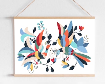 Otomi-bloemenvogelprint, Mexicaanse volkskunst (digitale download)