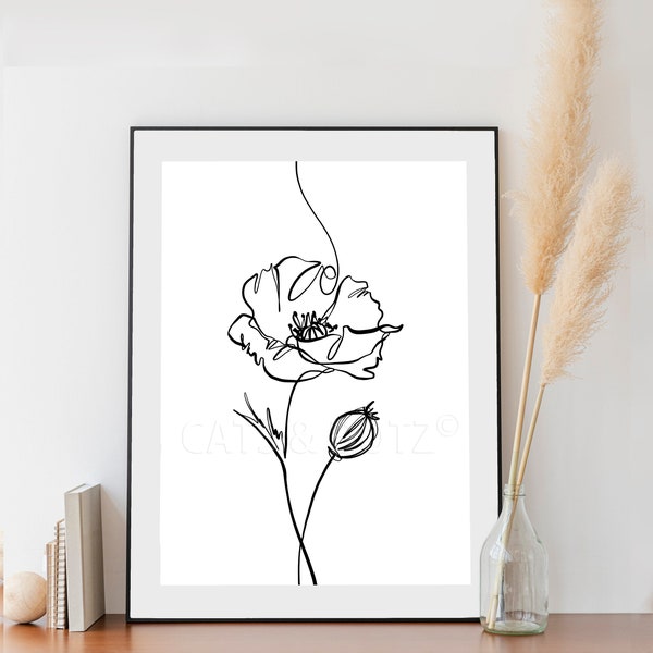 Downloadable Digital Print, Line Drawing Flower Print, Poppy Print, Poppy Line Drawing, Modern décor, Wall art,  Minimalist Flower Print