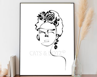 Mexican Icon Line Art Portrait, Modern Room Decor, Kahlo Legacy, Line art Frida (Digital Print)