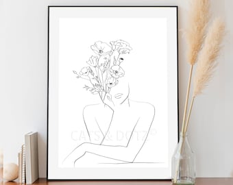 Floral Print, Line Drawing Woman Face Print, Flower Girl, Modern room decor, Figure line drawing, gift idea