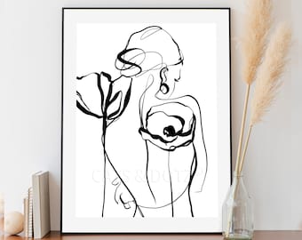 Downloadable Digital Print, Woman Line drawing, Modern room decor, Wall art, Poppies, woman, bohemian, minimalist drawing, contemporary art