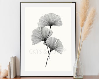 Ginkgo Leaf Print, Wall art. Black And White Ginko Leaf drawing, Large Print, botanical print, black and white, monochromatic art