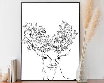 Downloadable Digital Print, Deer Print, Deer Line Drawing Poster, Modern room decor, Floral Deer drawing, Boho print, bohemian drawing deer