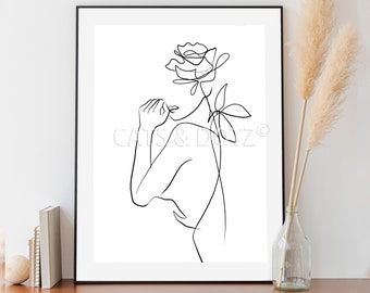 Downloadable Digital Print, Floral Print, Line Drawing Woman Face, Figure Line drawing, Modern room decor, Wall art, Flower woman, gift idea
