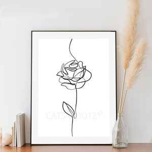 Impresión digital descargable, Impresión de flores de dibujo de línea, Impresión de rosa, Dibujo de línea de rosa, Decoración moderna, Arte de pared, Impresión de flores minimalista, rosa