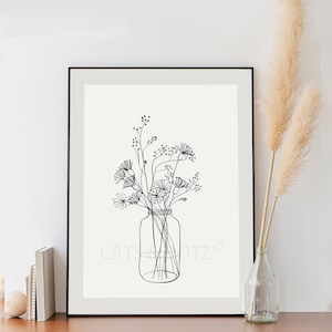 Blumendruckglas mit Blumen, Strichzeichnung, Blumenglas, Modernes Wohndekor, Wandkunst, Blumendruck, Geschenkidee