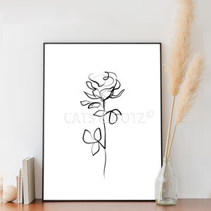 Digitaler Druck, Linienzeichnung Blumendruck, Rosendruck, Rosenstrichzeichnung, modernes Dekor, Wandkunst, Minimalistischer Blumendruck, Rose