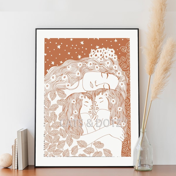 Mother and child, Klimt inspiration, Mother and Daughter, Burnt orange, Nursery, Mother's day, gift idea, mom gift, gift for her