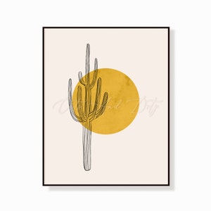 Downloadable Digital Print, Minimalist Cactus, Line Drawing, Modern home décor, Wall art, Orange yellow Sun, Desert Cactus Print