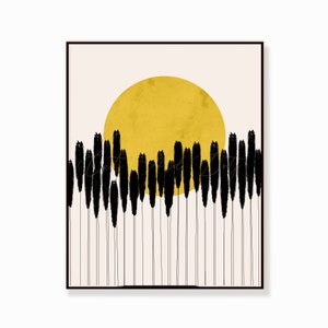 Arte escandinavo, inspirado en la Bauhaus, sol minimalista, moderno de mediados de siglo, estampado amarillo minimalista; Orejas, Cartel amarillo negro, Idea de regalo, boho