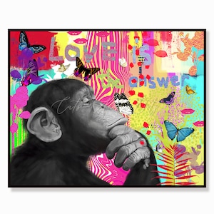 以下が含まれることがあります： カラフルな抽象的なアートプリント。考え込んでいるチンパンジーが、蝶々に囲まれ、「Love is the answer」という文字が書かれている。