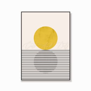 Mid Century Modern Sun Print: Yellow & Gray Minimalist Art (Digital Download)
