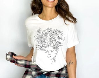 Mexican Icon T-shirt: Floral Line Art Portrait, Mexican Tee