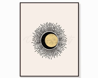 Minimalist Sun Art Print, Abstract Gold Sunburst Wall Decor, Modern Boho Printable Art, Mid Century Digital Download (Digital Download)