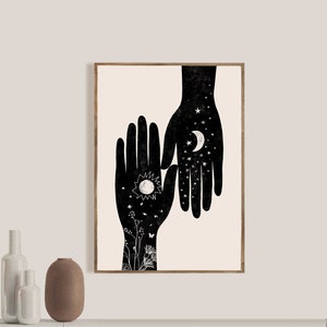 Downloadable Digital Prints, Hamsa print, Hand, Sun, Moon, Modern home decor, Wall art, Boho poster gift idea, zen art, nursery, yin yang image 3