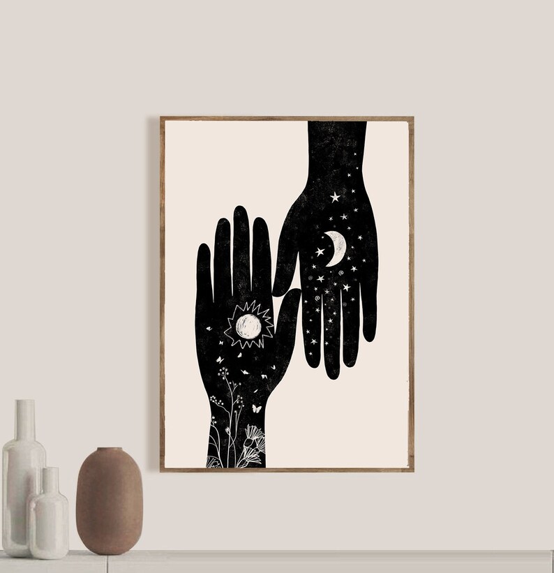 Downloadable Digital Prints, Hamsa print, Hand, Sun, Moon, Modern home decor, Wall art, Boho poster gift idea, zen art, nursery, yin yang image 3