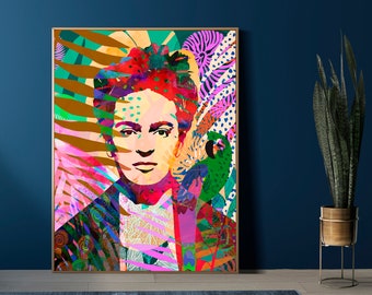 Colorful Woman Portrait, Mexican Icon, Folk Art, Kahlo Legacy, Surrealist art, Floral headband Frida, Boho, Eclectic (Digital Download)