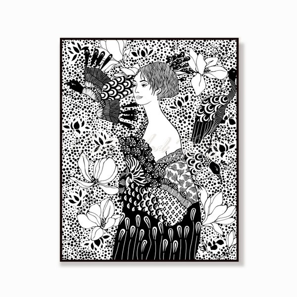 Lady with Fan, inspired by Klimt, Woman portrait; floral woman drawing, black and white illustration, Dame mit Fächer