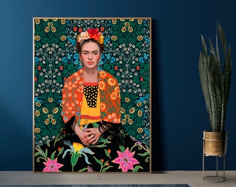 Colorful Woman Portrait, Mexican Icon, Folk Art, Kahlo Legacy, Surrealist art, Floral headband Frida, Boho, Eclectic (Digital Download)