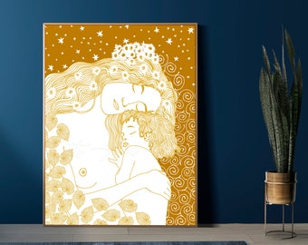 May include: A digital art print of a mother and child embracing, outlined in white against a yellow background with a swirling pattern and stars.