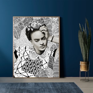 Downloadable Digital Image, Downloadable Kahlo portrait, Kahlo print; frida print; Kahlo art; black and white, Modern Room decor, wall art