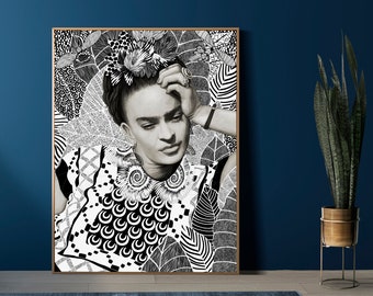 Downloadable Digital Image, Downloadable Kahlo portrait, Kahlo print; frida print; Kahlo art; black and white, Modern Room decor, wall art